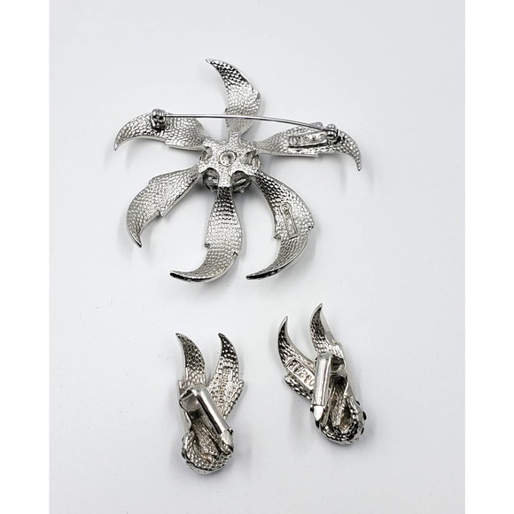 Vintage Marcel Boucher Blue Crystal Starburst Floral Brooch & Earrings Set 1950s - Picture 9 of 12